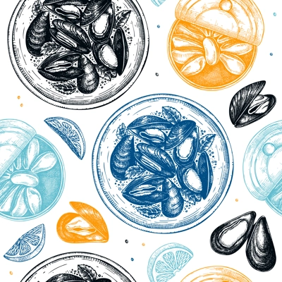 Hand drawn cooked mussels on platter with herbs seamless pattern. Vector package, banner, wrapping paper template with colorful seafood elements. Realistic shellfish background with tinned mussels..